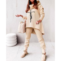 Letter Print Long Sleeve Dip Hem Hoodie & Pants Set - khaki