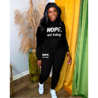 Letter Print Long Sleeve Drawstring Hoodie & Pants Set - black