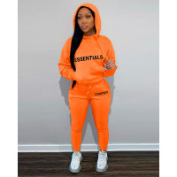 Letter Print Long Sleeve Hoodie & Pants Set - orange