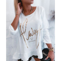 Letter Print Long Sleeve Peplum Top - white