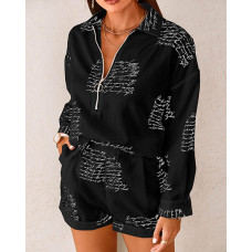 Letter Print Long Sleeve Shirt & Pocket Design Shorts Set - black