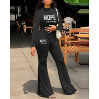 Letter Print Long Sleeve Slit Top & Bootcut Pants Set - black