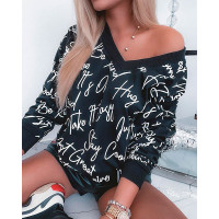 Letter Print Long Sleeve Sweatshirt - black