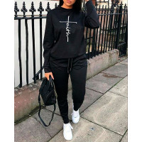 Letter Print Long Sleeve Sweatshirt & Pants Set - black