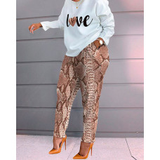 Letter Print Long Sleeve Top & Snakeskin Pants Set - khaki