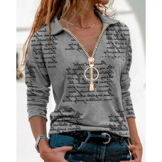 Letter Print Long Sleeve Zip-up Top - gray