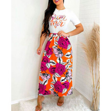 Letter Print O Neck Top & Floral Print Skirt Set - Multicolor