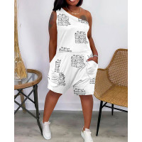 Letter Print One Shoulder Pocket Design Romper - white