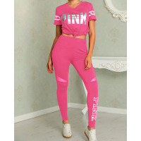 Letter Print Patchwork Casual Pant Sets - pink