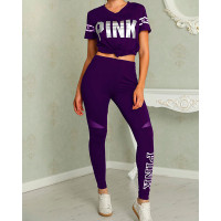 Letter Print Patchwork Casual Pant Sets - purple