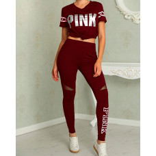 Letter Print Patchwork Casual Pant Sets - Wine red