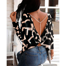 Letter Print Pearls Strap Backless Twisted Top - black