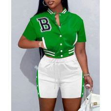 Letter Print Pocket Decor Top & Contrast Paneled Shorts Set - green
