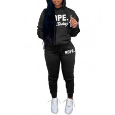 Letter Print Pocket Design Hoodie & Pants Set - black