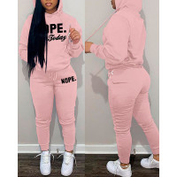 Letter Print Pocket Design Hoodie & Pants Set - pink