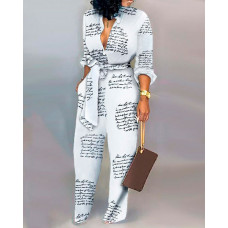 Letter Print Pocket Design Knotted Jumpsuit - white