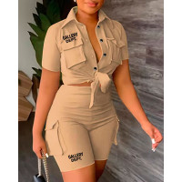 Letter Print Pocket Design Shirt & High Waist Shorts Set - khaki