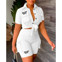 Letter Print Pocket Design Shirt & High Waist Shorts Set - white