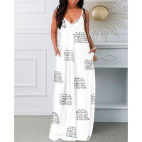 Letter Print Pocket Design Spaghetti Strap Maxi Dress - white