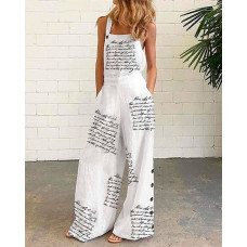 Letter Print Pocket Design Suspender Jumpsuit - white