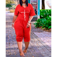 Letter Print Pocket Detail V-Neck Jumpsuit - red