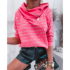 Letter Print Raglan Sleeve Zipper Hooded Sweatshirt - hot pink