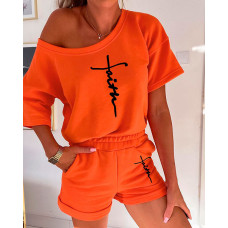 Letter Print Short Sleeve Top & Pocket Design Shorts Set - orange