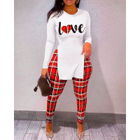 Letter Print Split Hem Top & High Waist Plaid Pants Set - red