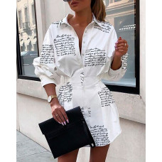 Letter Print Tight Waist Shirt Dress - white