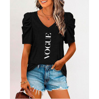 Letter Print V-Neck Puff Sleeve Casual T-shirt - black