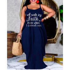 Letter Print V-Neck Spaghetti Strap Maxi Dress - dark blue