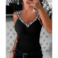 Letter Print V-Neck Tank Top - black