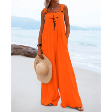 Letter Print Wide Leg Suspender Jumpsuit - orange