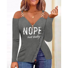 Letter Print Zip Detail Cold Shoulder Top - gray