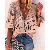 Letter Print Zip Front Casual Top - khaki