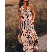 Letter Print Zip Front High Slit Casual Dress - khaki