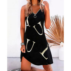 Letter Print Zipper Decor Tank Dress - black