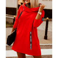 Letter Print Zipper Design Hooded Sweatshirt Dress - red