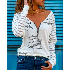 Letter Print Zipper Design V-Neck Top - white