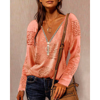 Letter Print Zipper V-Neck Long Sleeve Top - orange