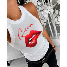 Letter Queen Print Casual Tank Top - white