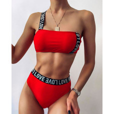 Letter Strap One Shoulder Tankini Set - red