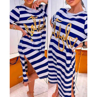 Letter Striped Print Casual Slit T-Shirt Dress - blue