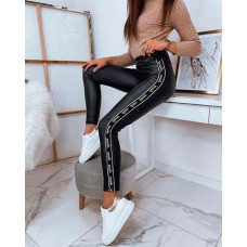 Letter Tape Patch High Waist PU Leather Skinny Pants - black