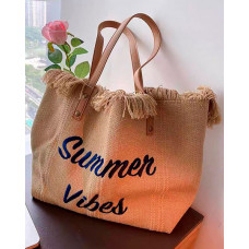 Letter Tassel Summer Beach Canvas Tote Bag - khaki