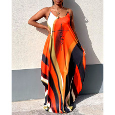 Letter Tie Dye Print Sleeveless Ruched Maxi Dress - orange