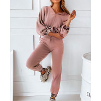 Letter Trim Zip Up Hoodie & Drawstring Pants Set - pink