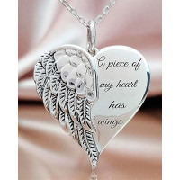 Letter & Wings Heart Shaped Pendant Necklace - silver