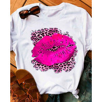 Lip Leopard Print Casual T-shirt - white