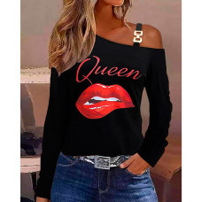 Lip Letter Print Cold Shoulder Top - black